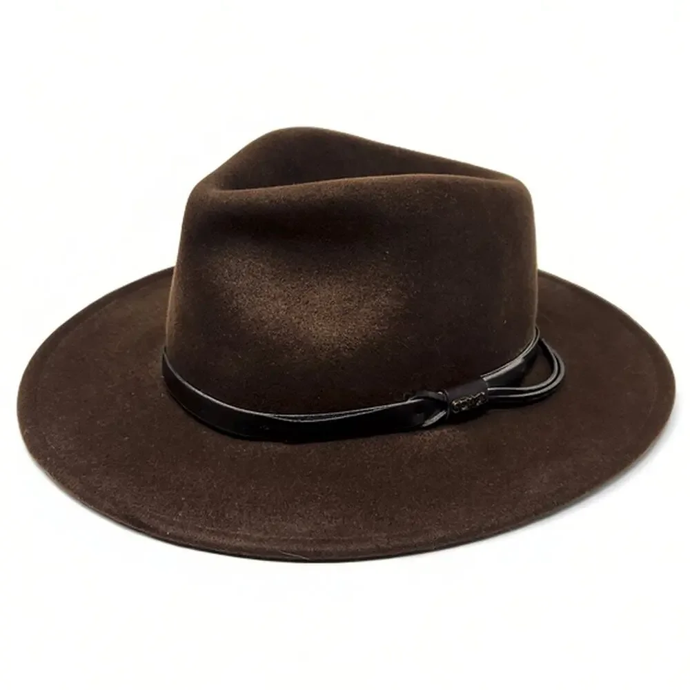 Scala L Classic Western Outback Fedora Hat Brown 100% Wool Felt Leather Band - Picture 2 of 8